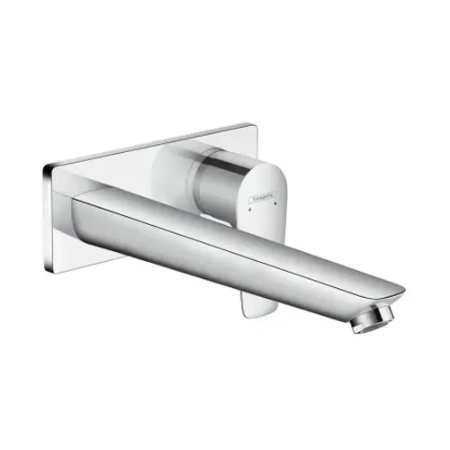 Waschtischmischer von Hansgrohe mit einem langen, flachen Auslauf. Der Mischer ist für die Unterputzmontage an der Wand konzipiert und hat eine glänzende Chrom-Oberfläche.